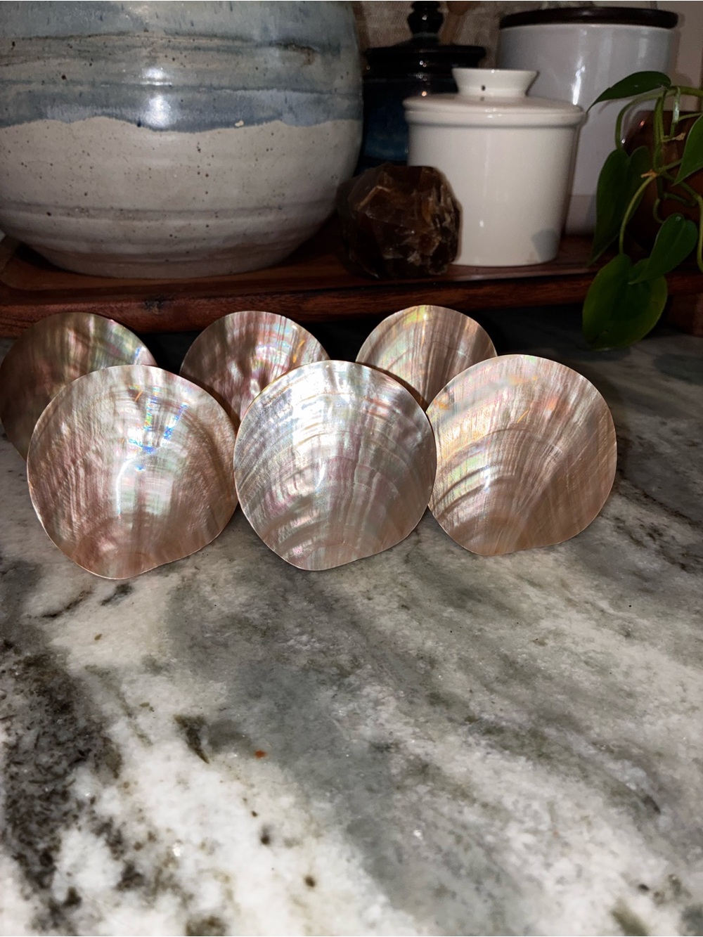 Set 6, Stunning vintage abalone shell napkin rings, like new.